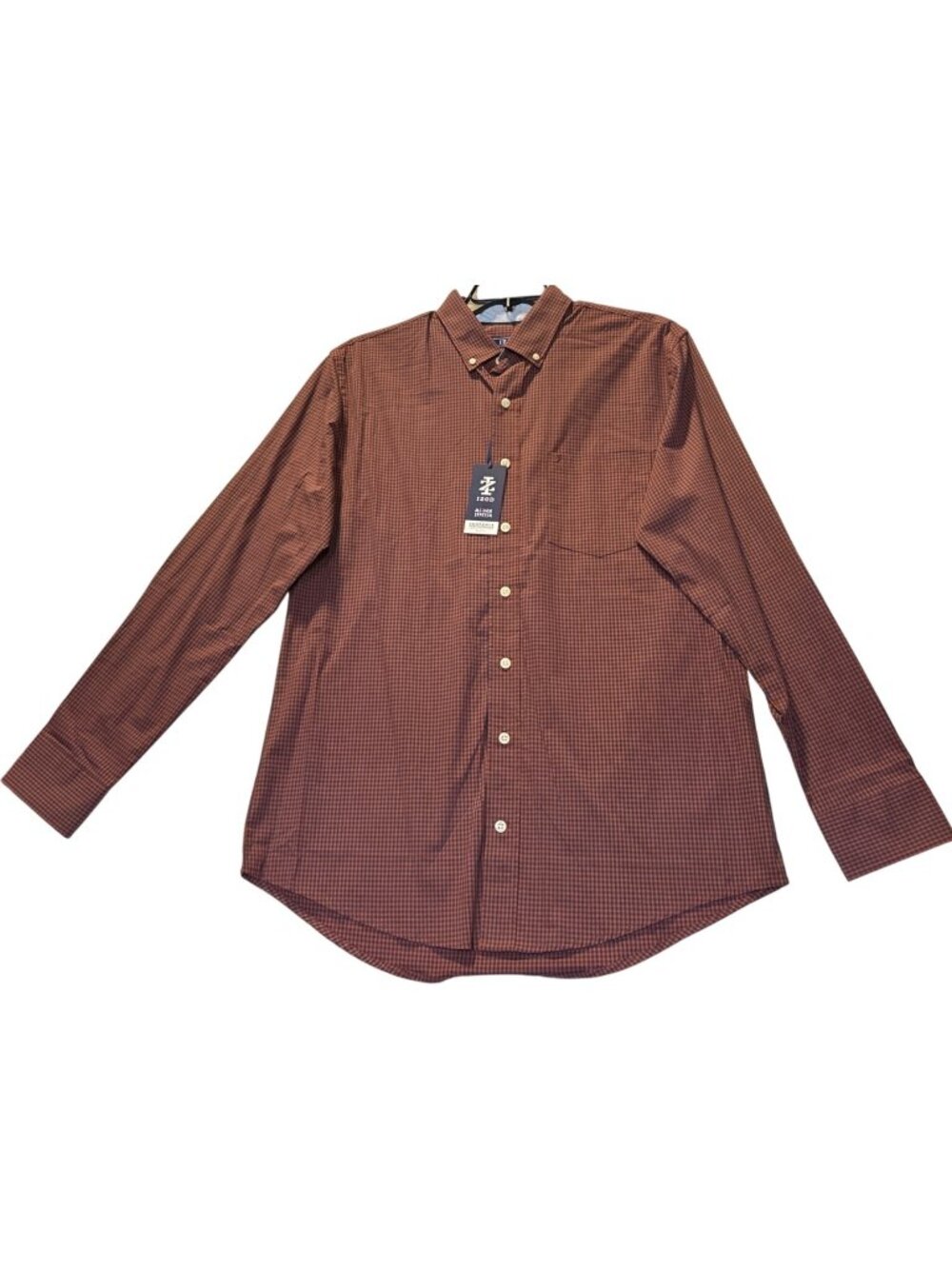 Izod Mens Size Large Tall All-Over Stretch Button-Down Shirt Gingerbread Check